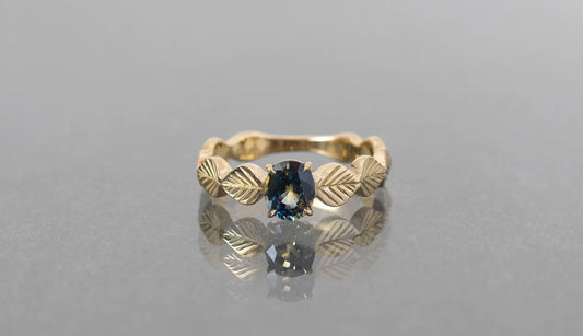Leaf ring + teal sapphire
